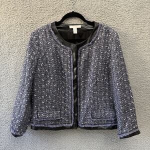 Chico's Jacket Women's XL Sz 16 Purple Tweed Modern leather trim Preppy career